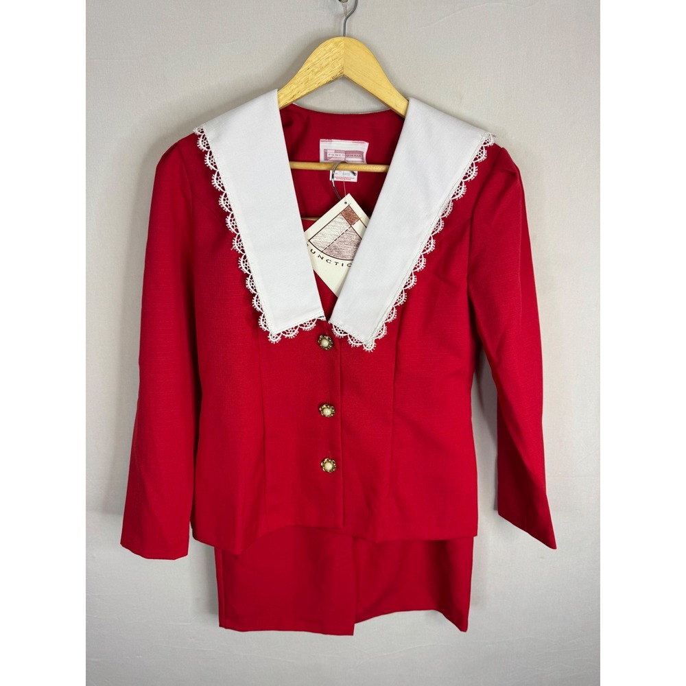 Vintage 80s Functionals Red Skirt Suit Set White Lace Sailor Collar Blazer‎ 10